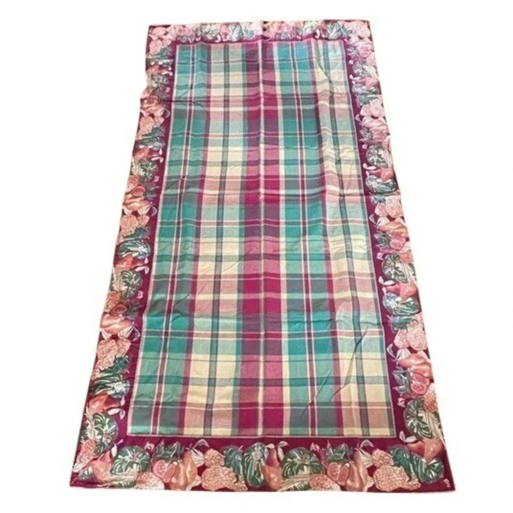 April Cornell Vintage Plaid Tropical Fruit Cotton Tablecloth 50x90 Burgundy Teal